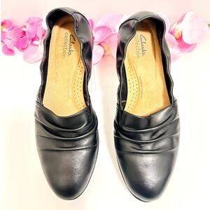 Clarks Jenette Ruby Black Leather Flats 9.5M Comfort Slip On